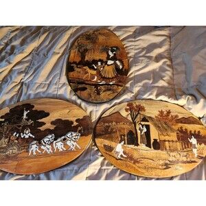 Vtg Mysore Indian Rosewood Inlay Wall Plaques Set 3 Marquetry Bhagavad Gita Art